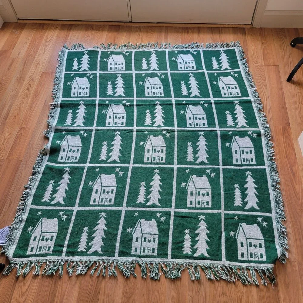 VTG Christmas Throw Blanket Woven Cotton Green White Houses Trees Reversible